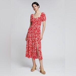 & Other Stories Red Floral Puff Sleeve Slit Midi Dress size 12
